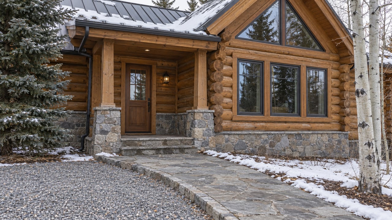 Log home with a glazed gable, timber porch and stone approach bordered by patchy early snow, spruce and bare aspens.