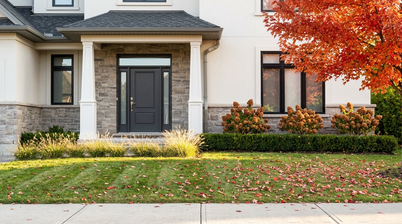 Two-story home with a stone-and-stucco facade, dark entry door, and crimson-orange maple beside the lawn.