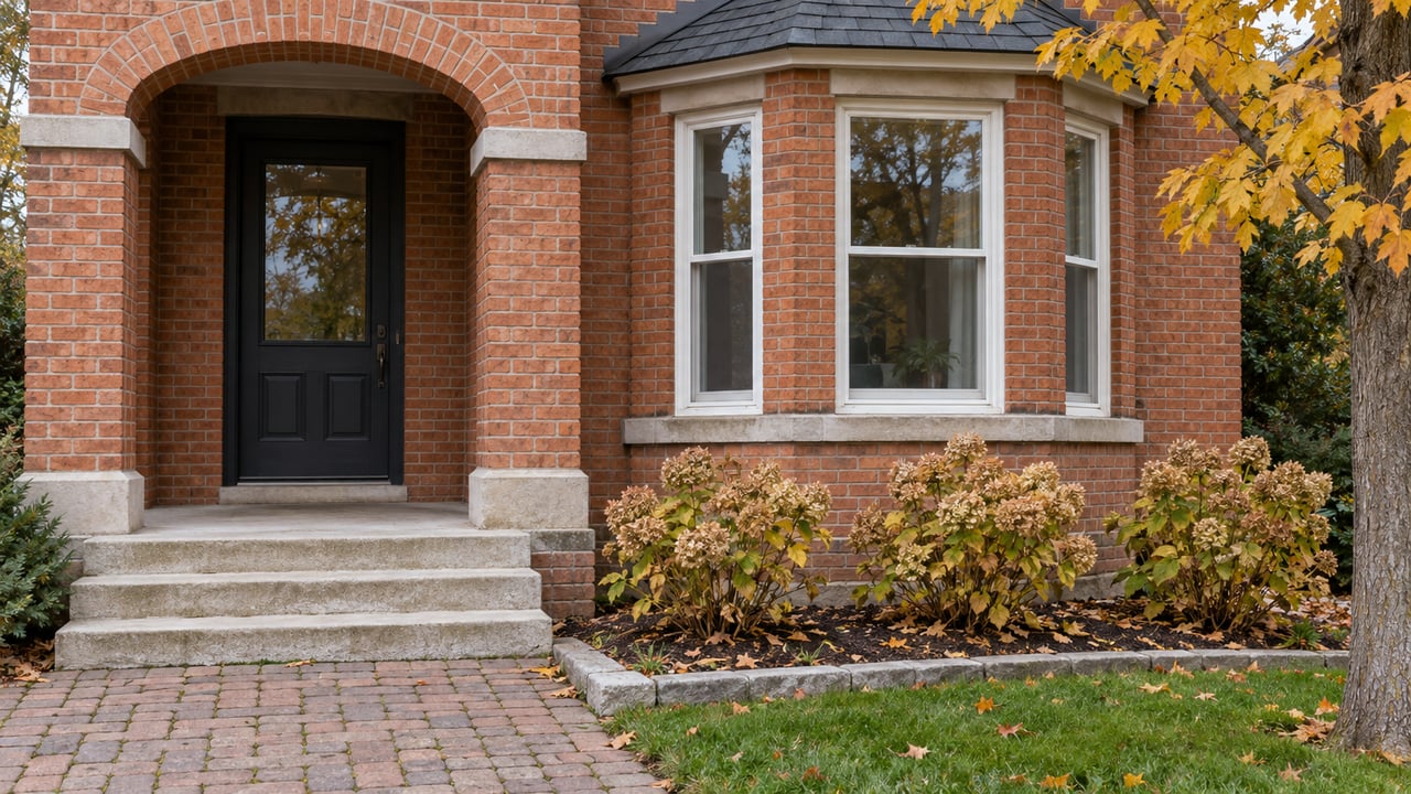 Red-brick home with an arched porch, white-trimmed bay windows, limestone steps and golden autumn maple leaves.