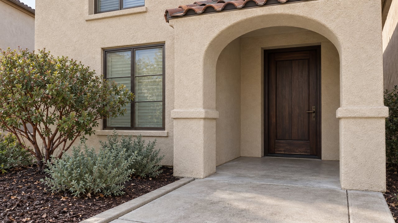 Covered arched entry of a beige stucco home with clay roof tiles, a dark wood door, concrete approach and manzanita planting.