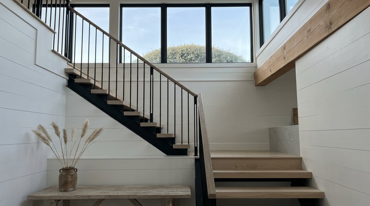 Open-riser oak staircase rises toward a quartz island beneath clerestory windows in a white shiplap stairwell.