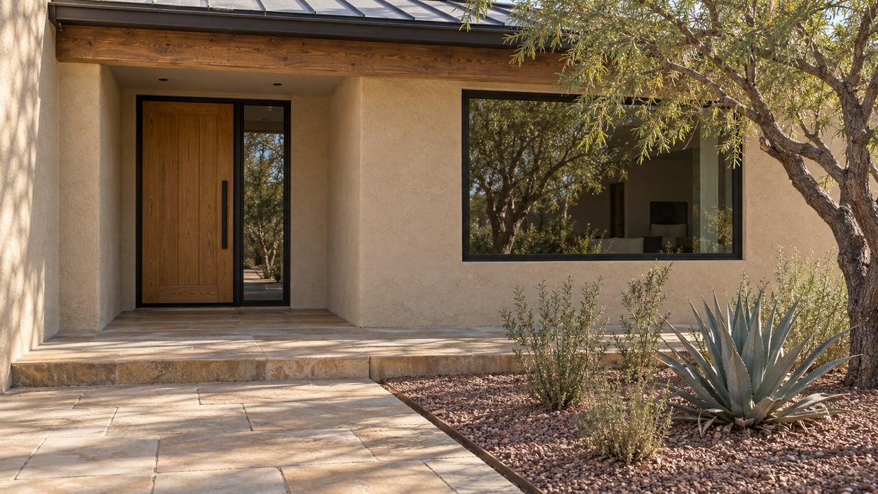 Modern home entrance with a tall wood door, broad window, stone porch, and drought-tolerant landscaping.