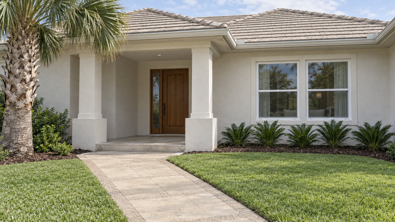Warm-white single-story home with a tiled roof, recessed covered entry, pale paver approach, lawn and a sculptural palm.