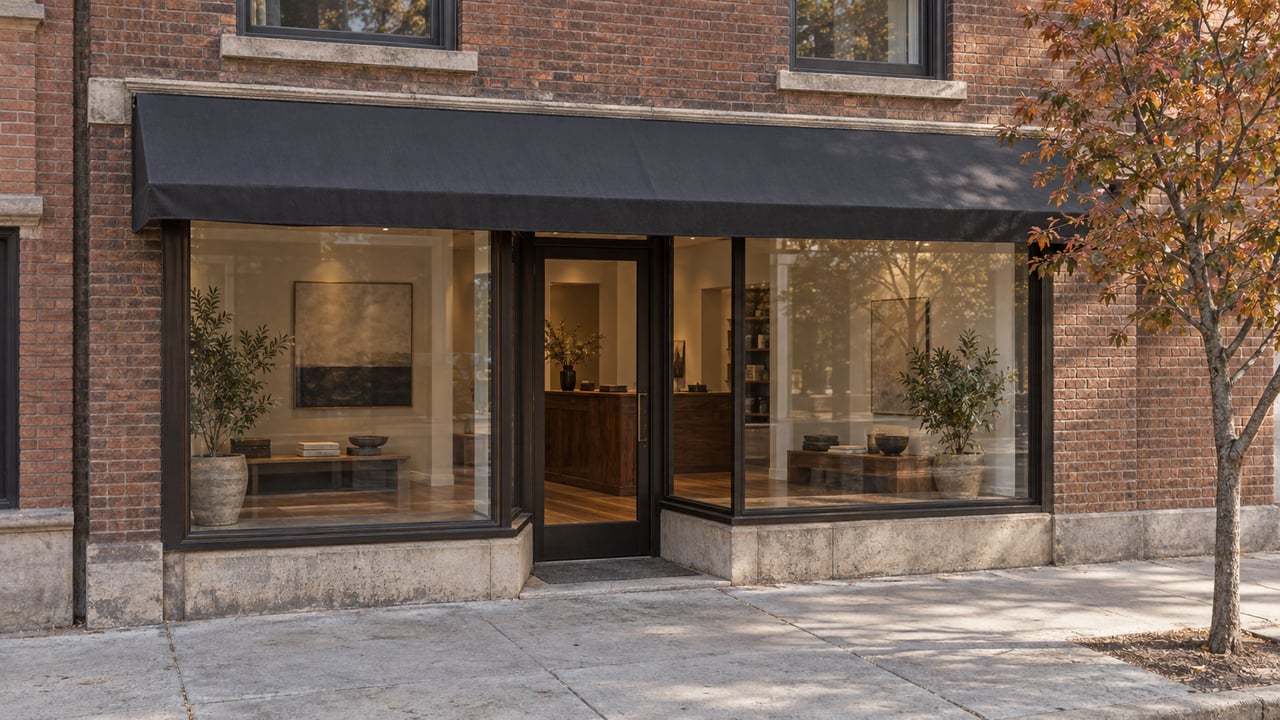 Masonry shopfront with bronze-framed windows, a dark awning, and residential sash windows above.