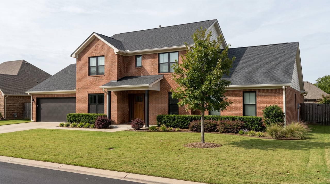 Two-story red-brick home with a deep green lawn, specimen tree, covered entry, and side garage.