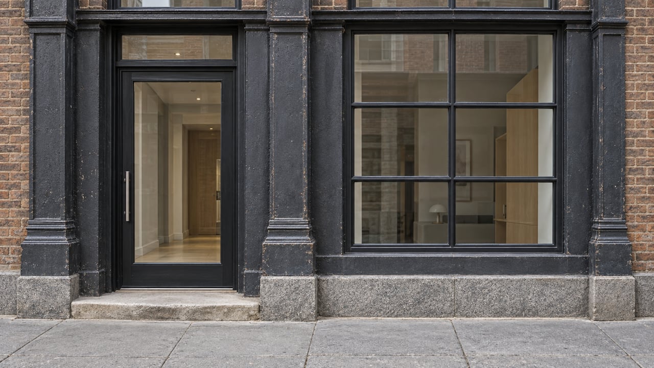 Close exterior view of a residential loft entrance with charcoal cast-iron columns, warm brick, tall gridded windows and a worn limestone doorstep.