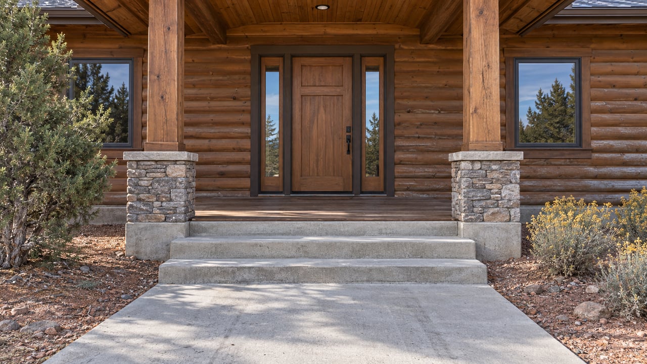 Timber-sided home entry with paired glazed sidelights, stone porch supports, concrete steps and dryland planting in autumn sunlight.