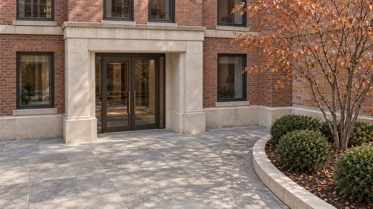 Elevated view of a brick condominium courtyard entrance with cream stone trim, paired glass doors, limestone paving and autumn serviceberry planting.