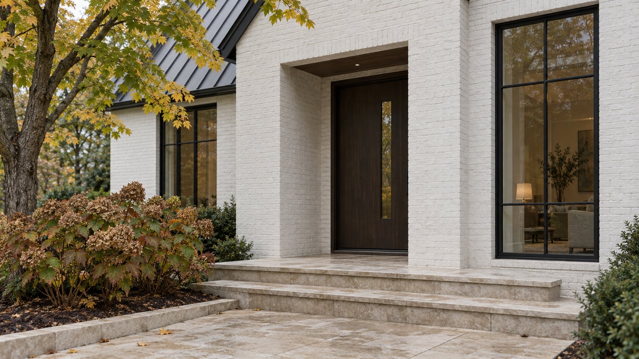 White brick home entrance with a dark oak door, black-framed window, limestone steps, and autumn leaves.