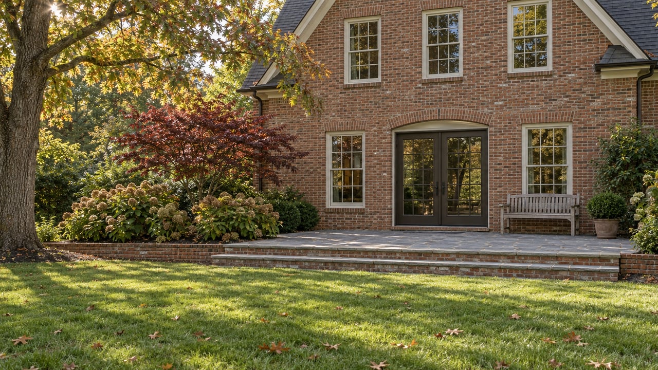 Brick home overlooking a deep autumn lawn, with a flagstone terrace, silvered teak bench, and mature oak.
