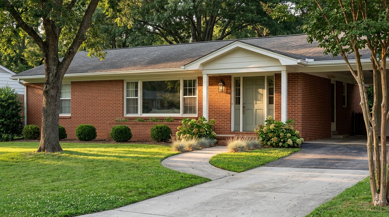 One-story red-brick ranch with sage front door, carport, mature oak, and curved walk through the lawn.