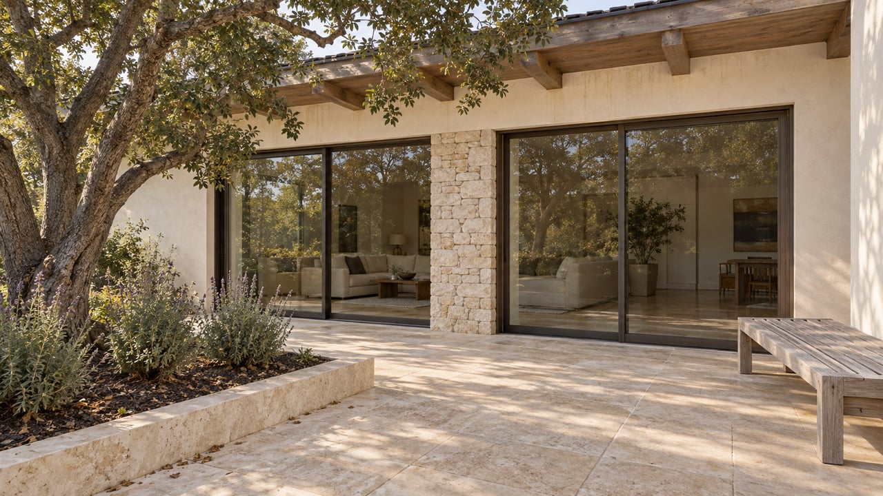 Warm limestone terrace beside a timber-roofed contemporary home, with bronze-framed glass doors and a mature oak in a raised planting bed.