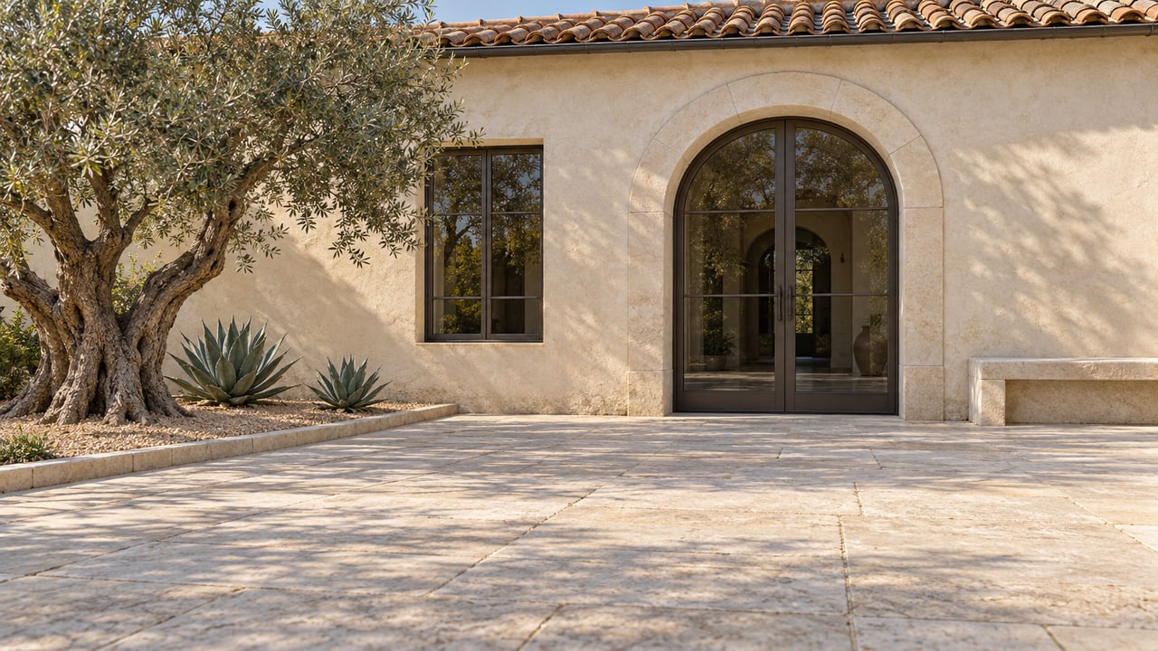 Sunlit limestone courtyard beside a cream stucco home with a terracotta roof, arched glass doors, a mature olive tree and two agaves.
