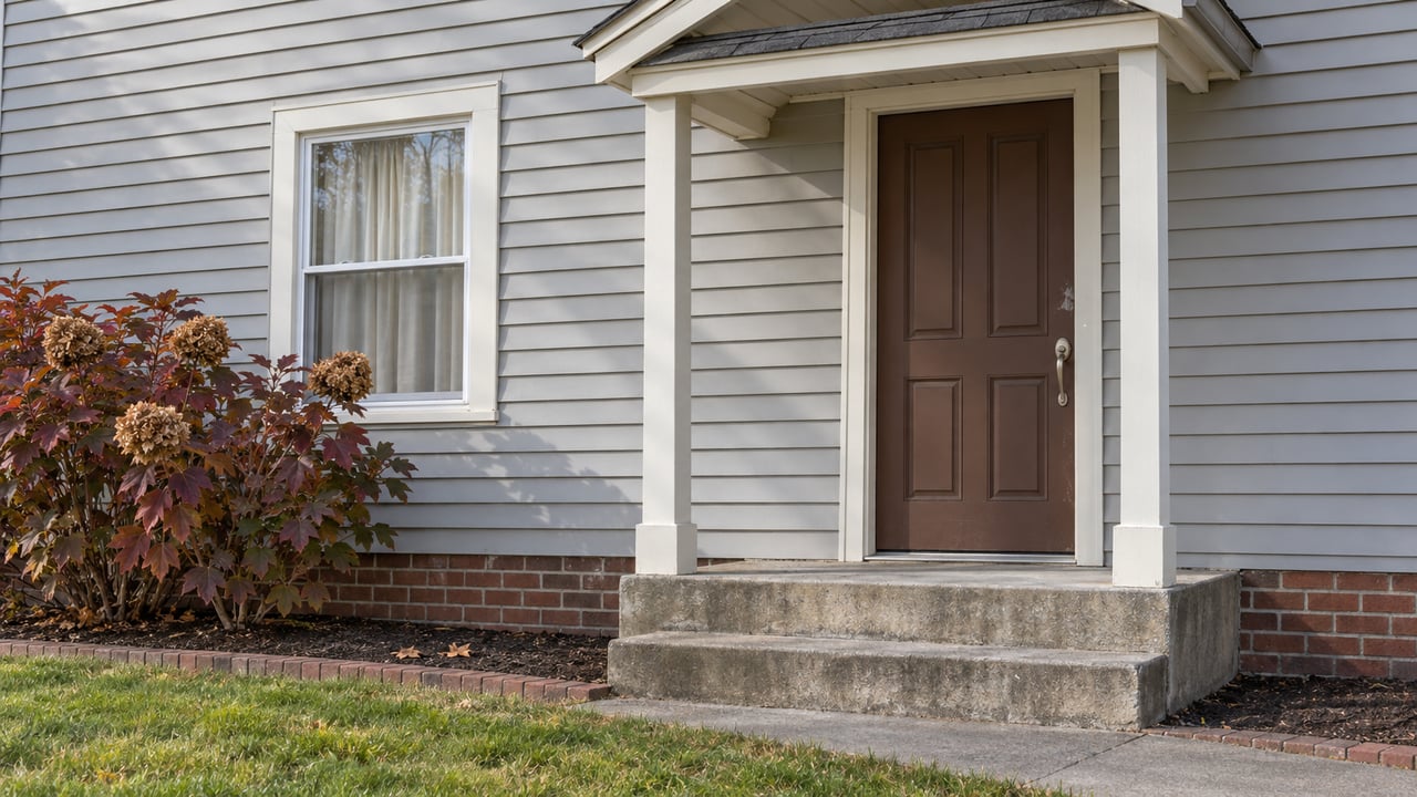 Gray-sided home with a brown front door, paired porch posts, worn concrete steps and burgundy oakleaf hydrangea.