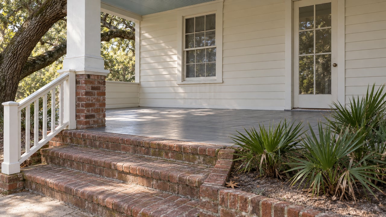 Cream clapboard cottage porch with gray timber flooring, weathered brick steps, a live oak and saw palmettos.