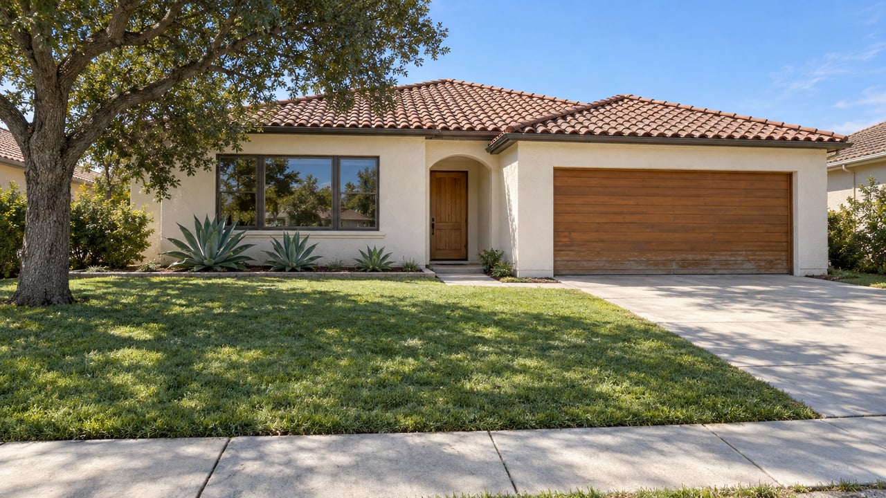 Single-story ivory stucco home with a tiled roof, wood garage door, deep front lawn and a spreading oak in clear morning light.