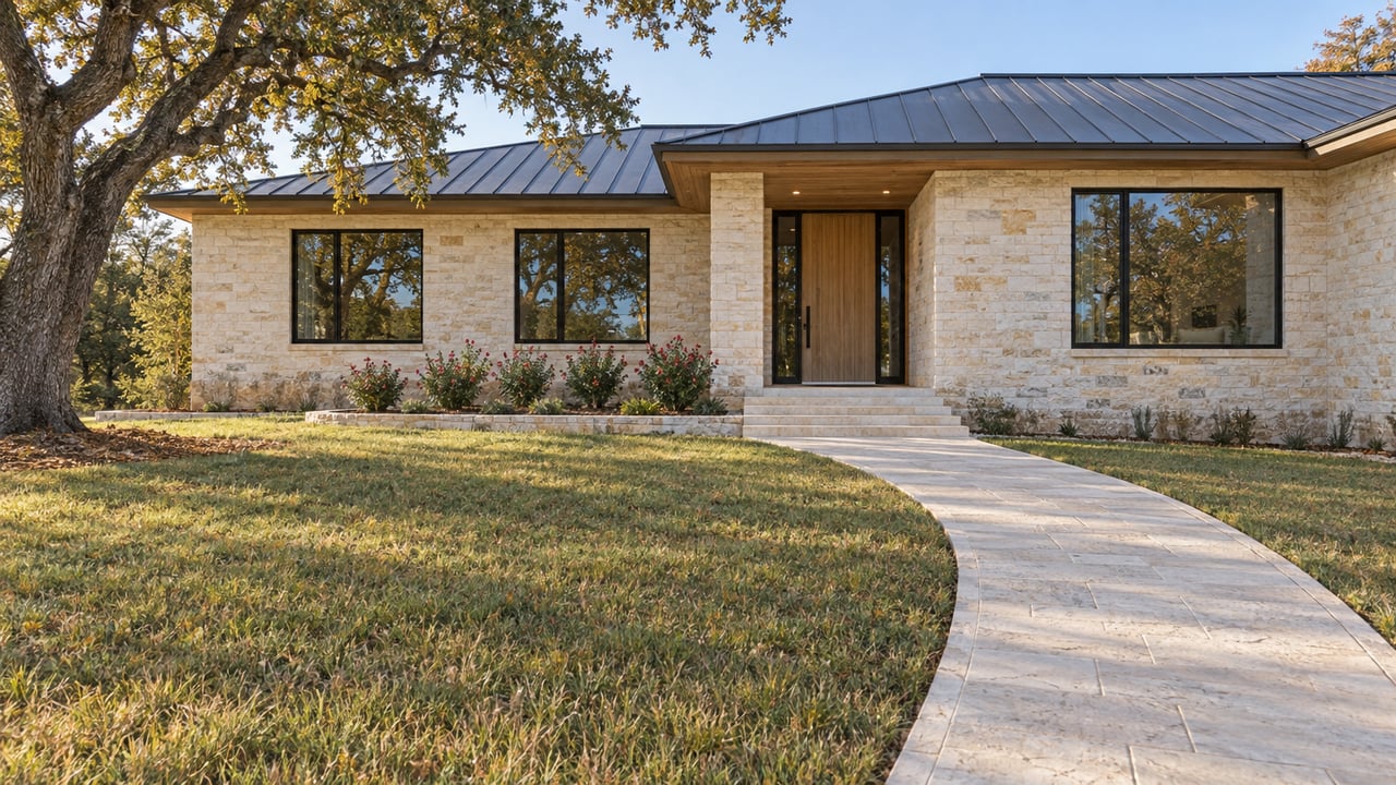 A low limestone home with black-framed windows and a warm wood entry sits above a deep, gently sloping lawn beneath a mature oak.