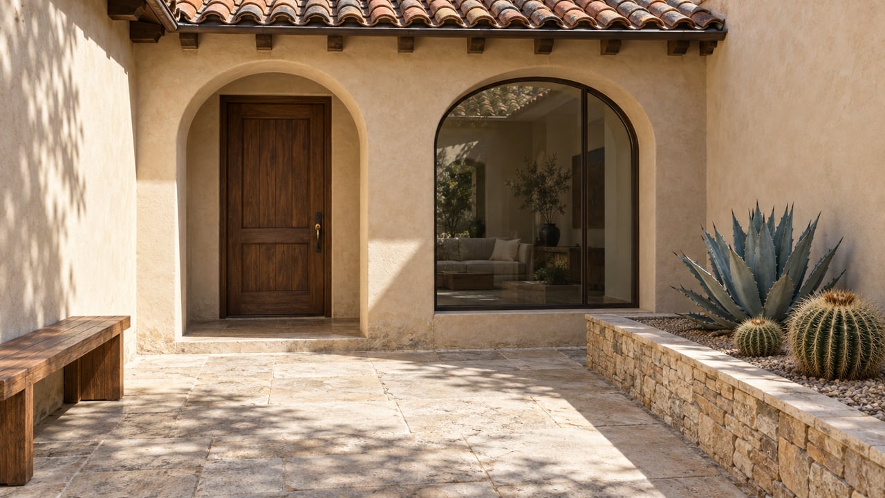 Sunlit stucco courtyard with terra-cotta roofing, arched walnut entry, limestone paving and sculptural desert planting.