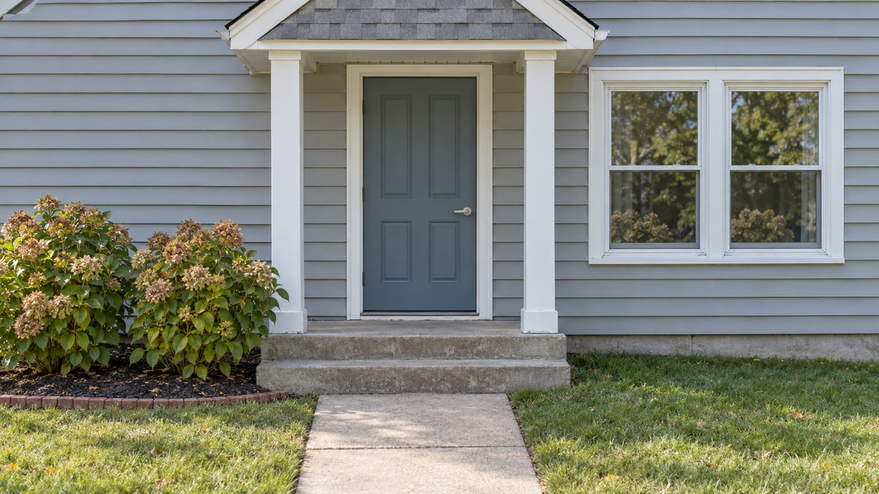 Close view of a light-gray sided home with a small white-columned portico, blue-gray front door, concrete steps, and fading hydrangeas.