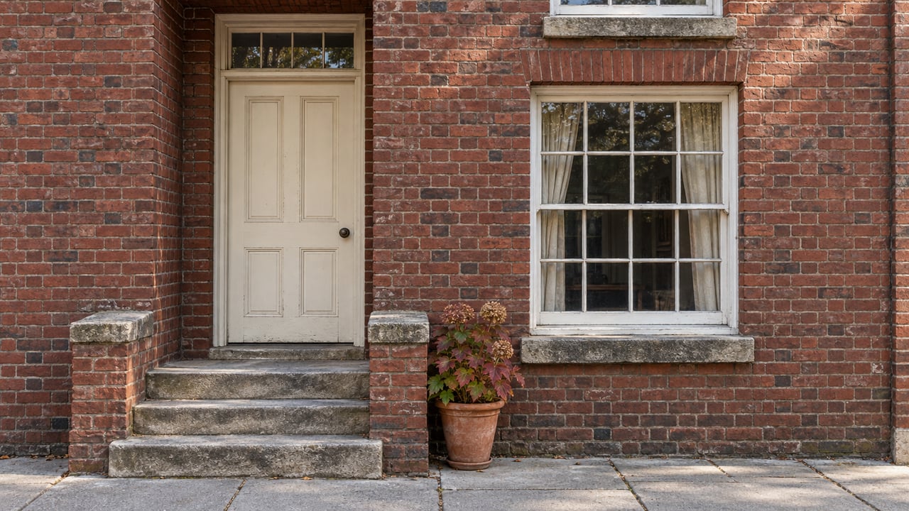 Sunlight on an aged red-brick home entrance with ivory woodwork, worn limestone steps, and a potted oakleaf hydrangea.
