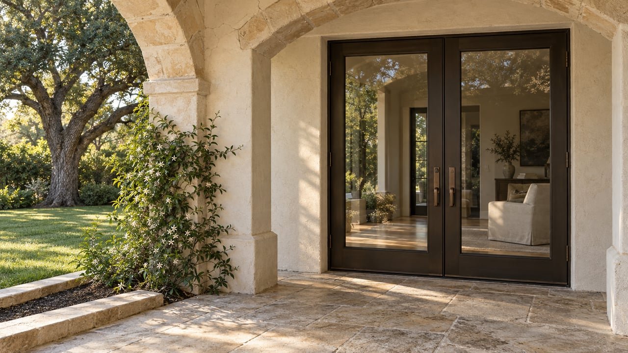 Limestone arch and paired bronze-framed glass doors opening onto a sunlit stone terrace beside a mature oak.