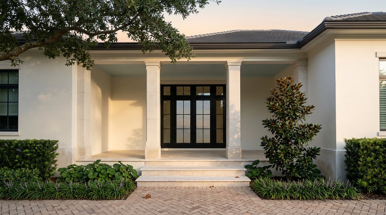 Warm-white stucco entry with limestone columns, travertine steps, black French doors, and a live oak canopy.
