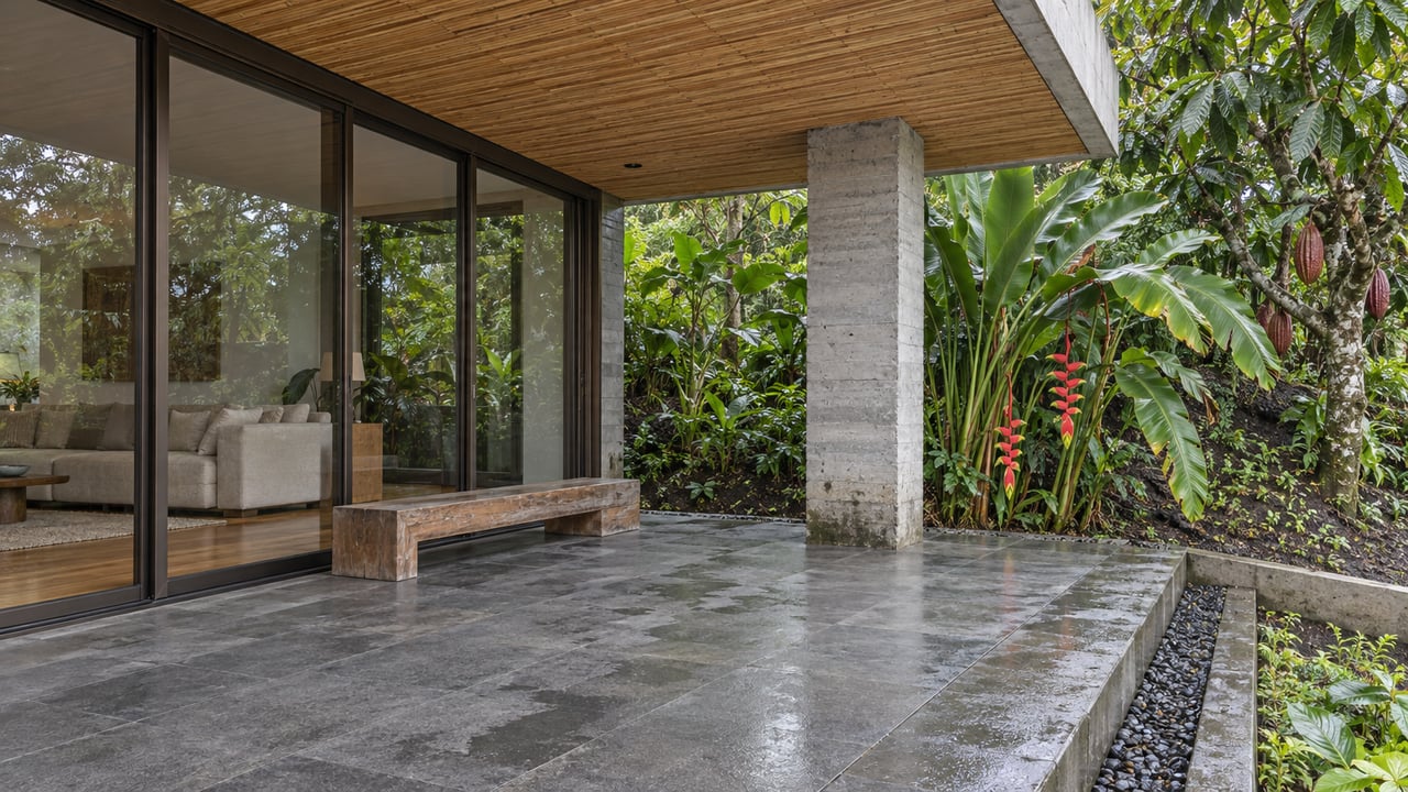 Covered stone terrace with bamboo soffit, bronze-framed glass doors, a teak bench and rain-fresh tropical planting.