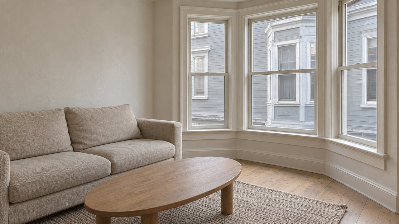 An updated condo sitting room with enclosed timber bay windows, pale oak flooring and an oatmeal sofa in soft daylight.