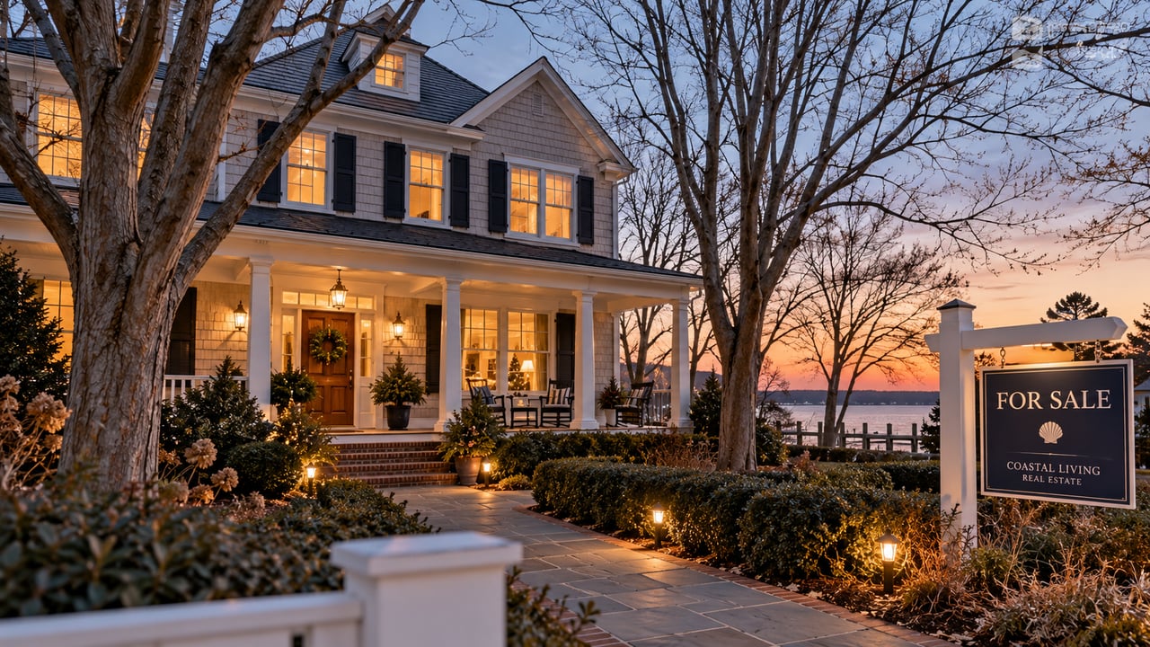 Coastal home with glowing windows and a for-sale sign beside the water at dusk.
