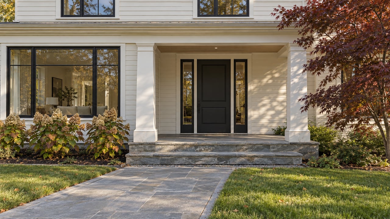 Ivory clapboard home with a charcoal front door, white porch columns, worn bluestone steps and burgundy Japanese maple foliage.