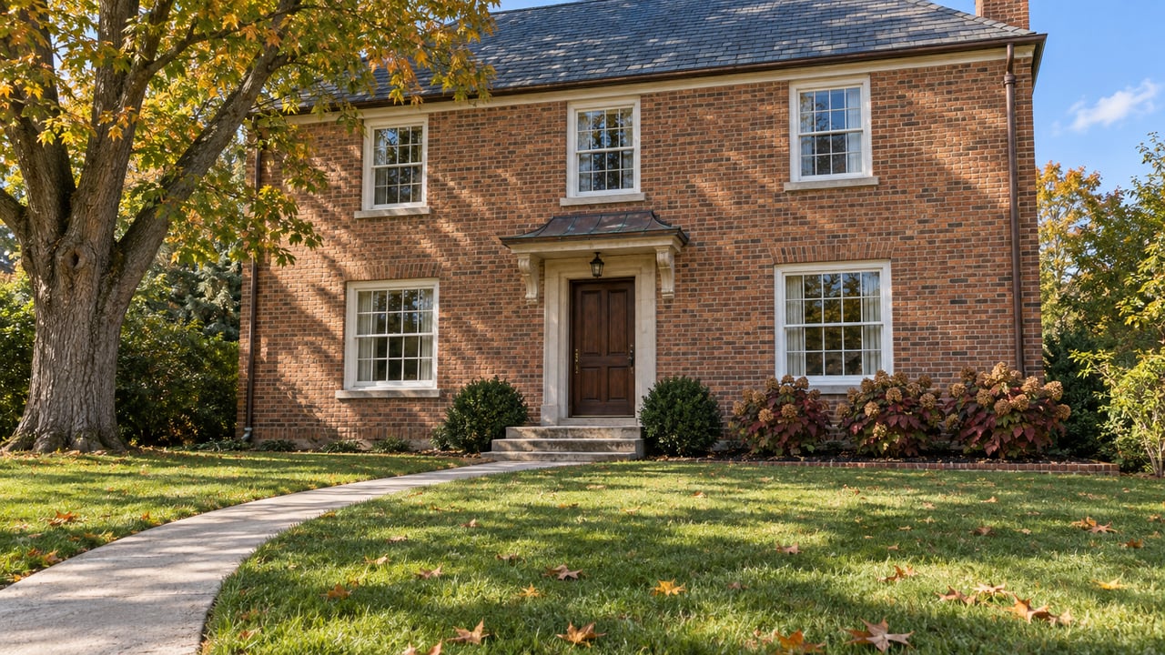 A brick colonial with slate roof, white sash windows and a limestone entry stands behind a broad lawn and curving walk beside a sugar maple turning amber.