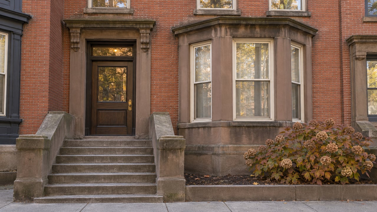 Brick home with a raised stone stoop, dark wood entry door, tall bay windows and an autumn oakleaf hydrangea.