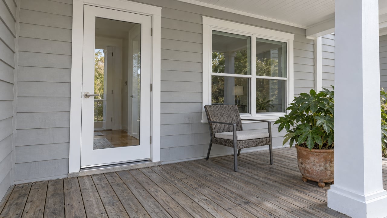 Pale gray house siding and a closed glass entry door on a weathered covered porch, with a woven chair and one terracotta planter.