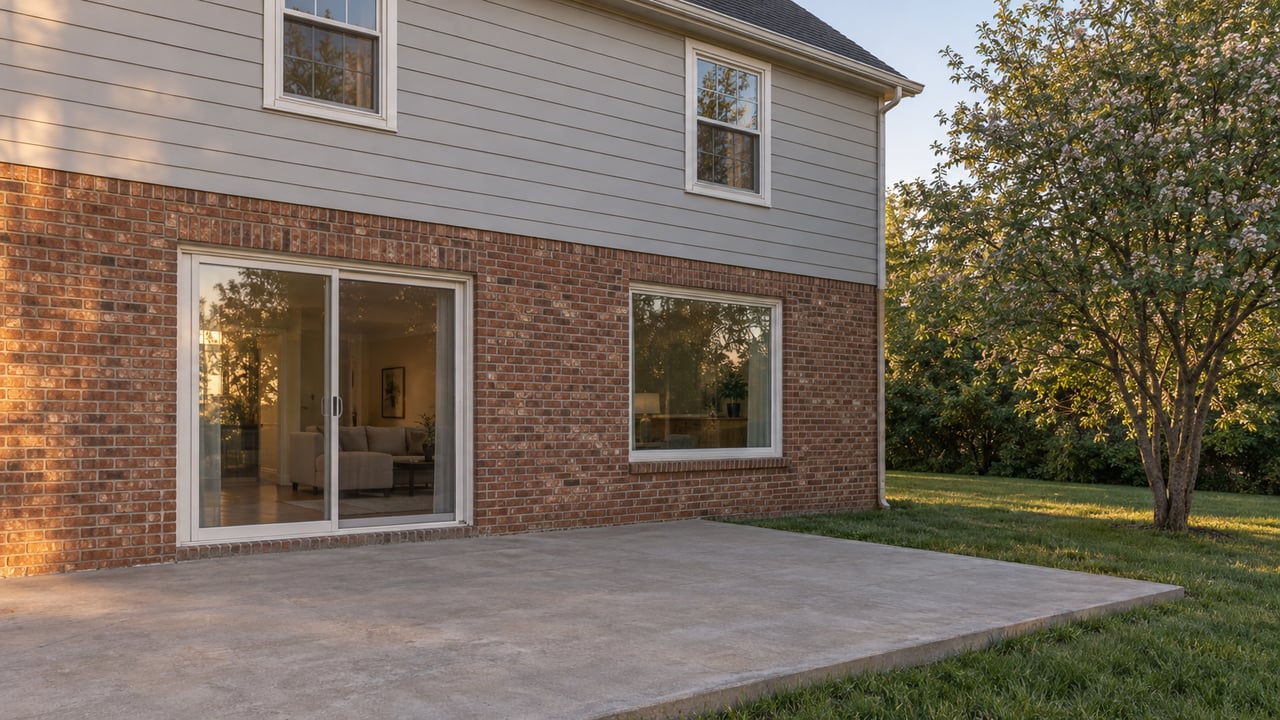 Brick two-story home with a sliding glass door and patio beside a lawn and mature tree.