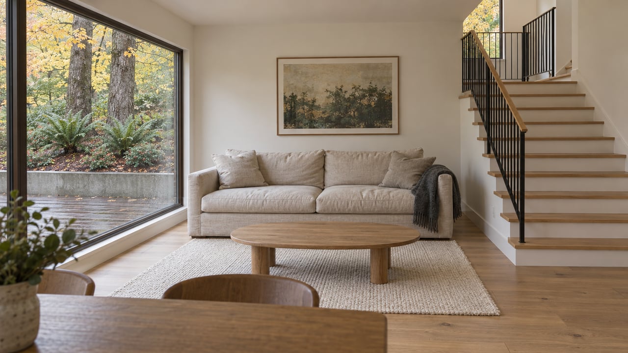 Bright living room with pale oak floors, a linen sofa and an oak staircase with black iron balusters, overlooking autumn planting through a large window.