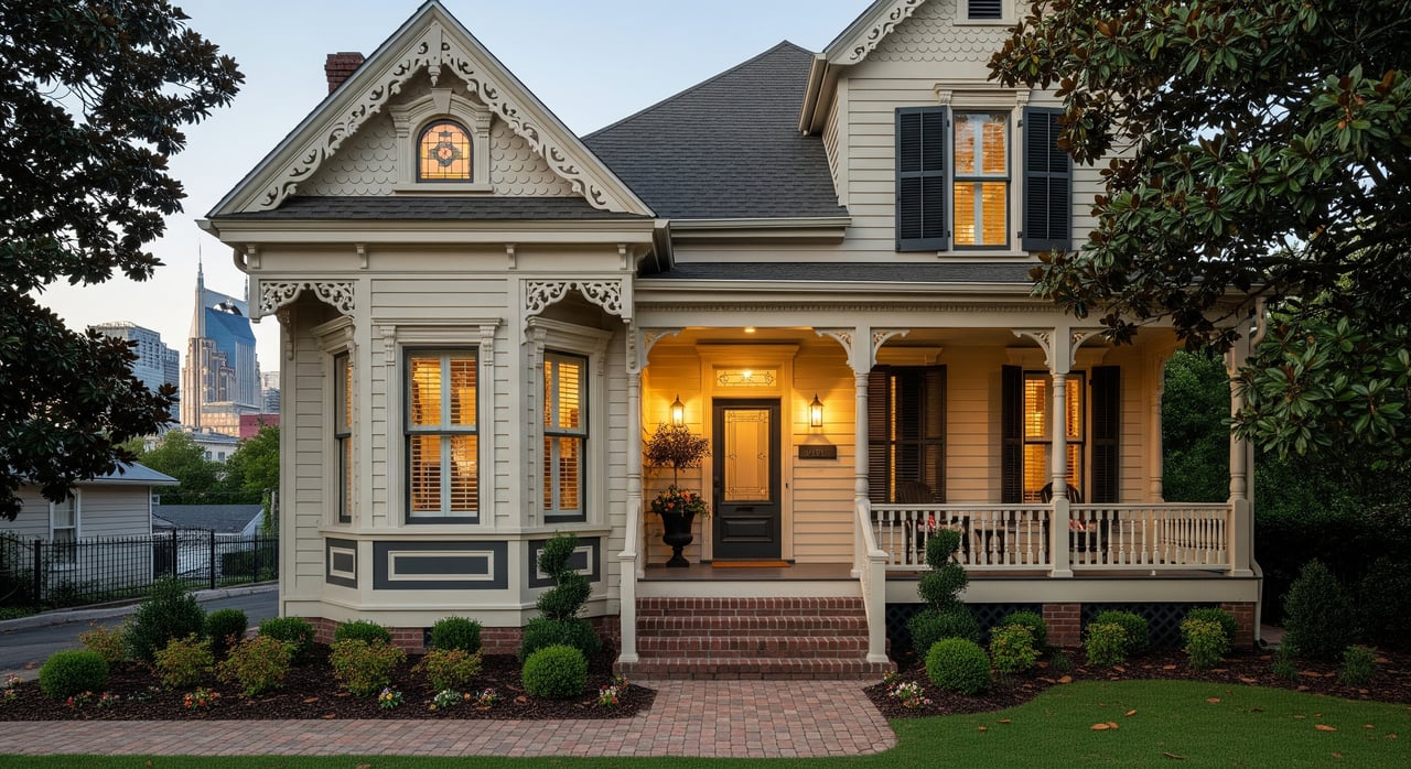 Gray Victorian house with ornate gables, glowing windows, and a lit front porch at dusk.
