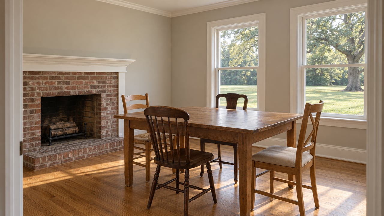 Oak dining table and four chairs between a brick fireplace and two windows overlooking a lawn.
