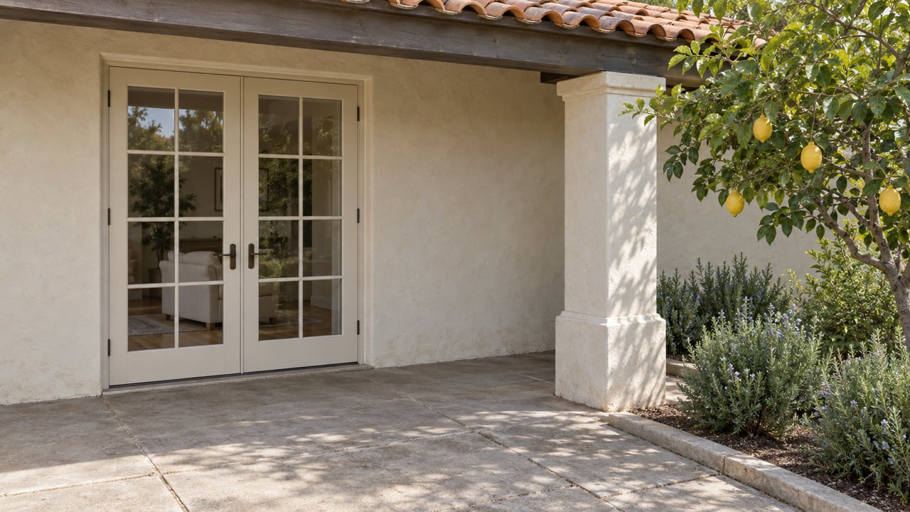 Cream stucco garden patio with closed French doors, weathered clay roof tiles, concrete paving, and a lemon tree beside rosemary planting.