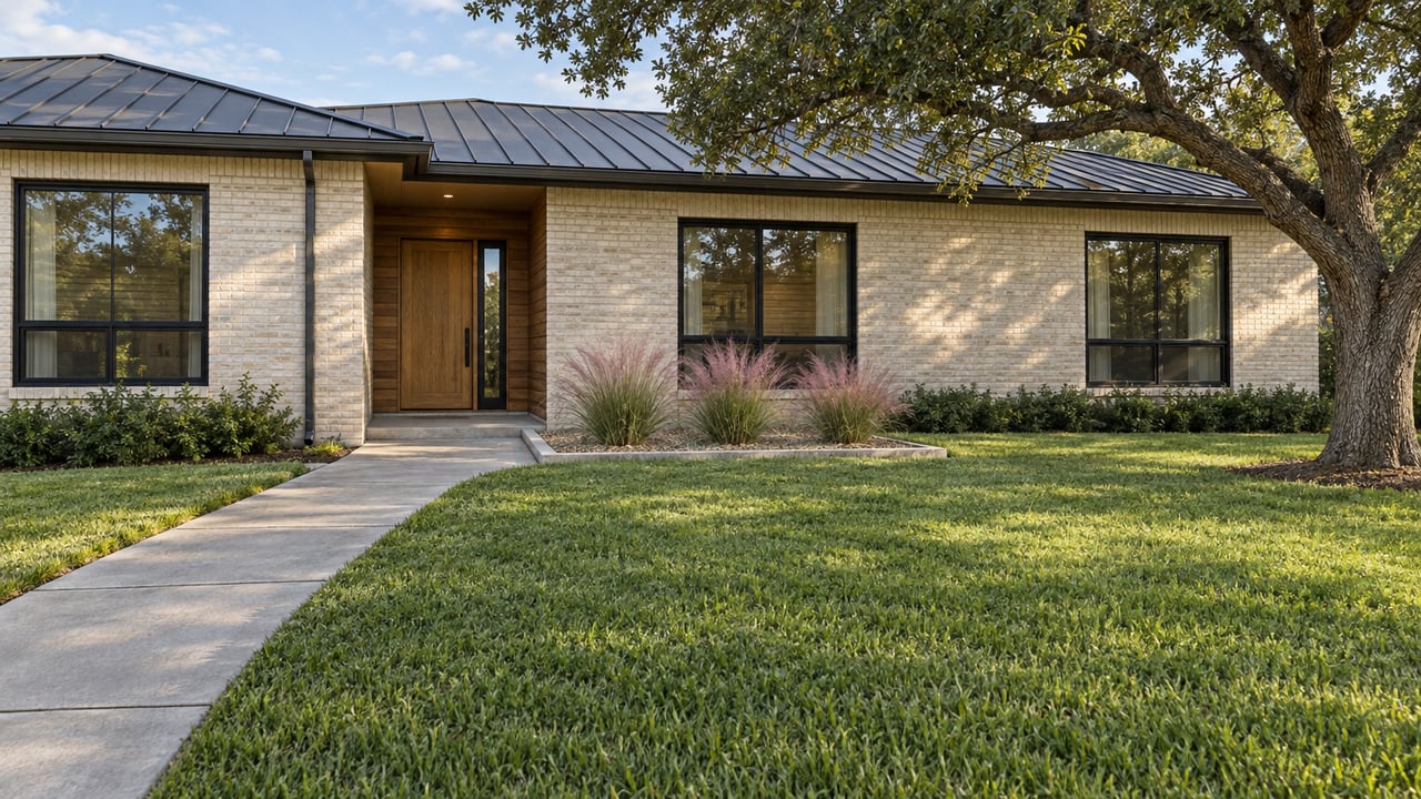 Contemporary cream-brick home with a charcoal metal roof, cedar entry, broad front lawn and a mature spreading oak.
