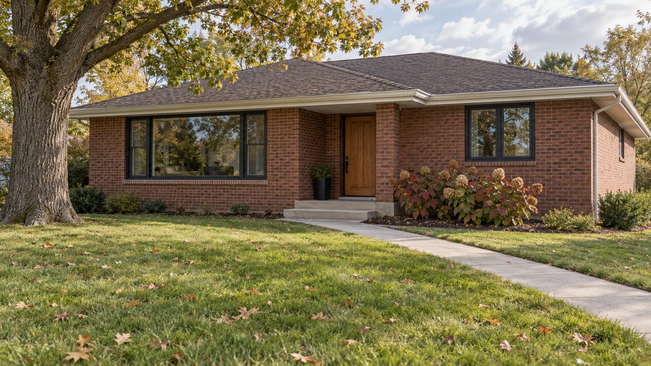 Updated brick ranch with black-framed windows, a recessed oak entry and a deep autumn lawn beneath a mature white oak.