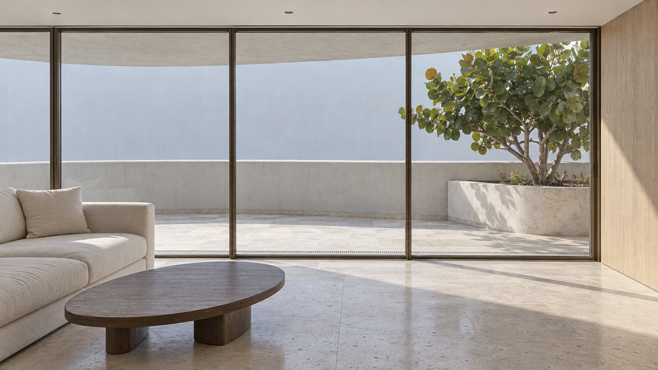 Sunlit limestone living room with an ivory sofa, oak table, and closed glass doors overlooking a curved white terrace and sea grape tree.