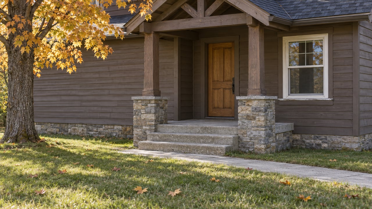 Autumn sunlight falls across a brown clapboard home's timber porch, stone post bases, concrete steps, and maple-shaded lawn.