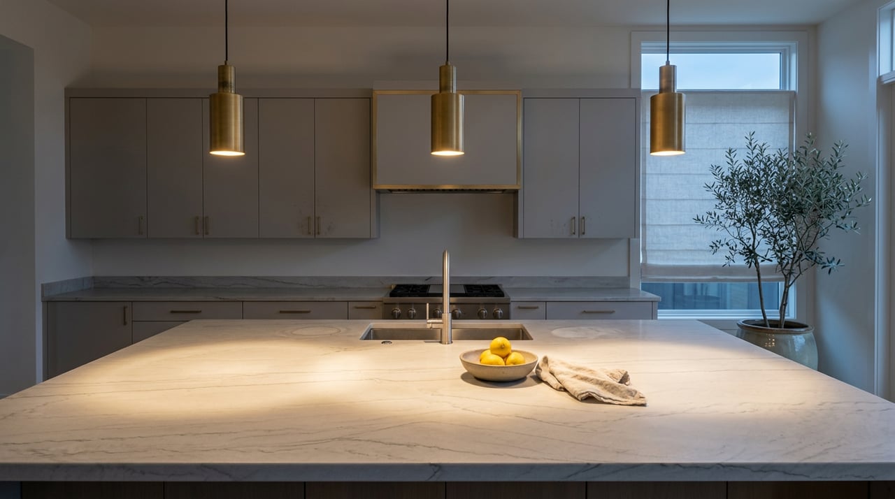 Kitchen island with veined stone countertop, three brass pendants, and a bowl of lemons beneath a narrow dusk-lit window.
