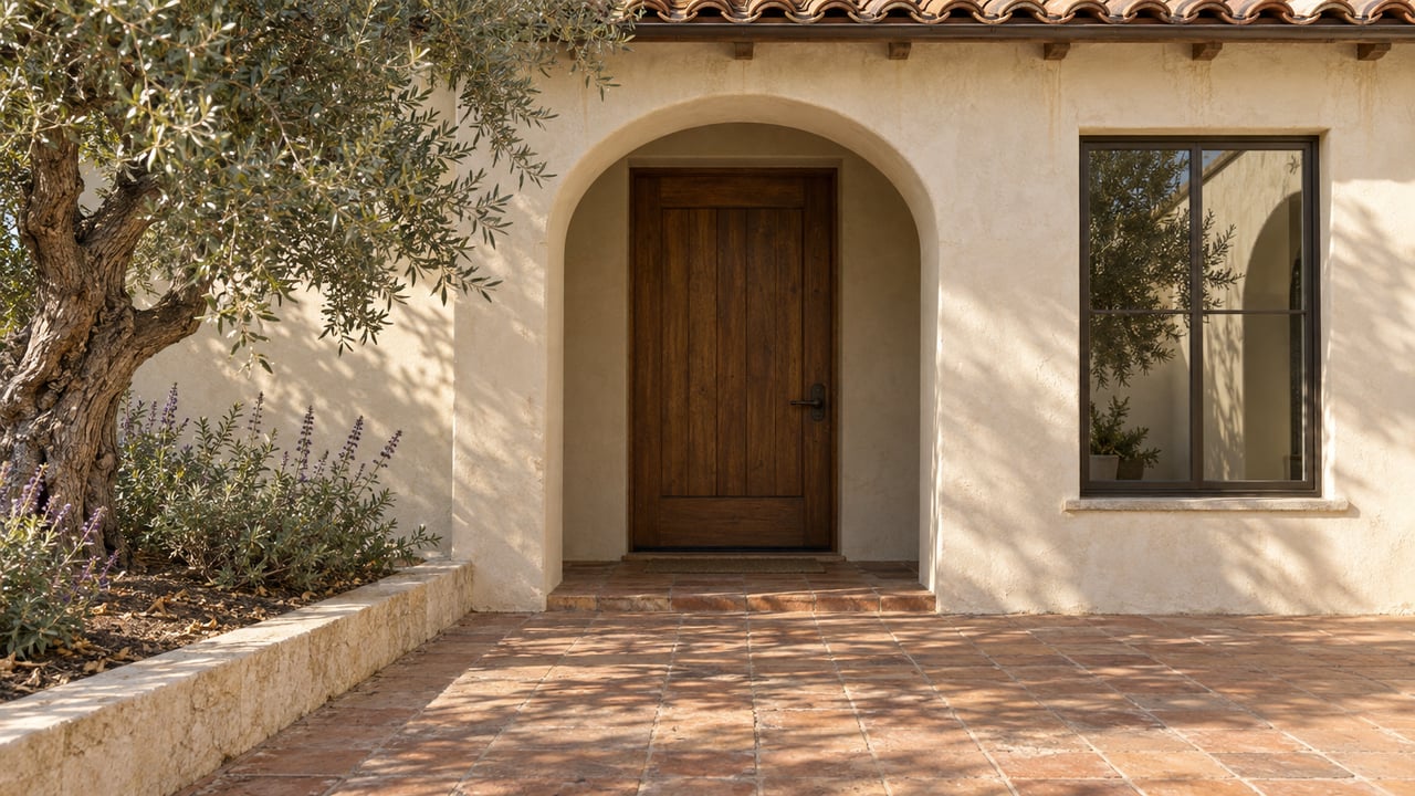 Sunlit cream plaster entrance with an oak door, terracotta landing and a mature olive tree in a raised stone-bordered bed.
