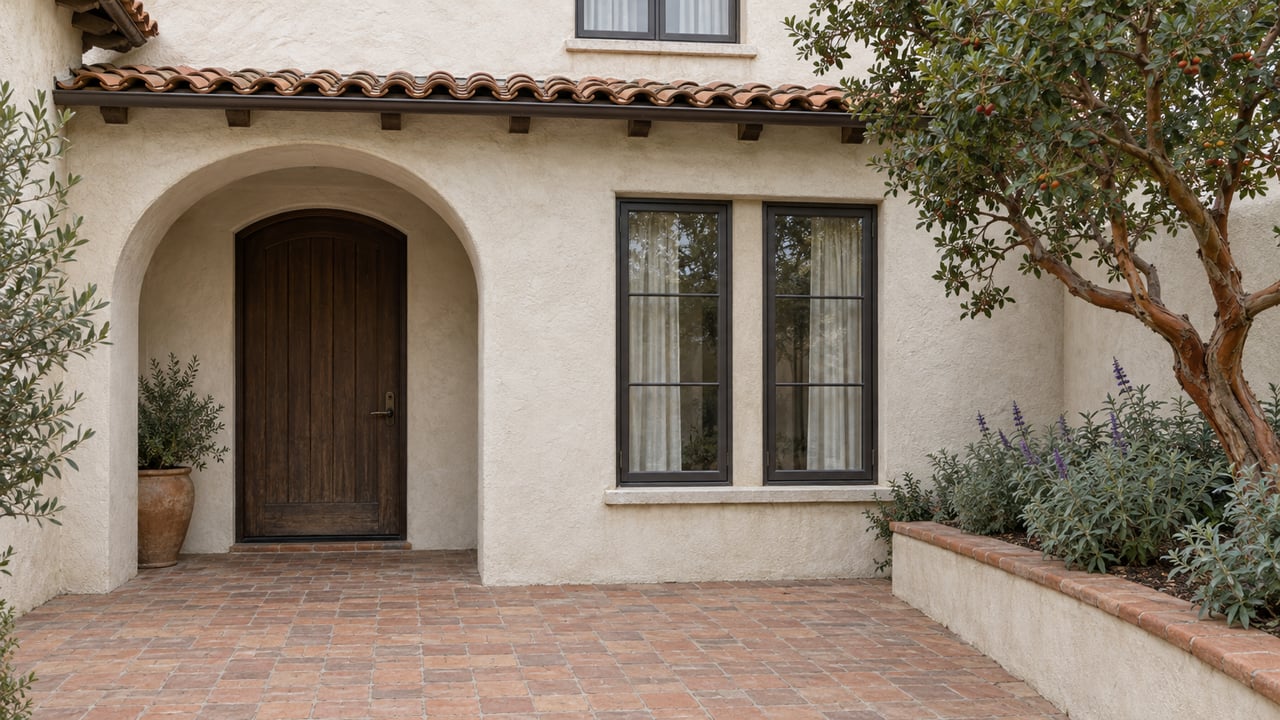 Weathered stucco entry courtyard with an arched oak door, terracotta paving and a sculptural strawberry tree.