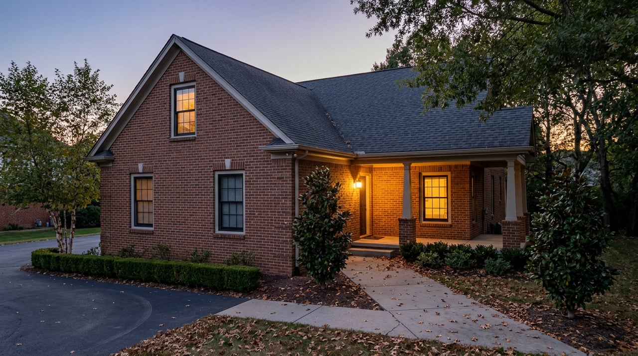 Brick two-story home at dusk, warm windows, covered entry, and concrete walkway through the lawn.