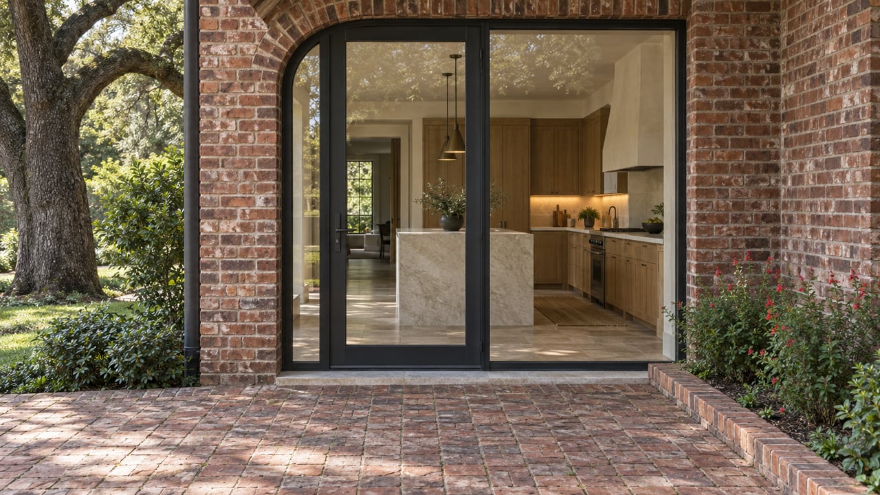 Brick residence with arched masonry opening, glazed steel-framed door, and kitchen island visible inside.