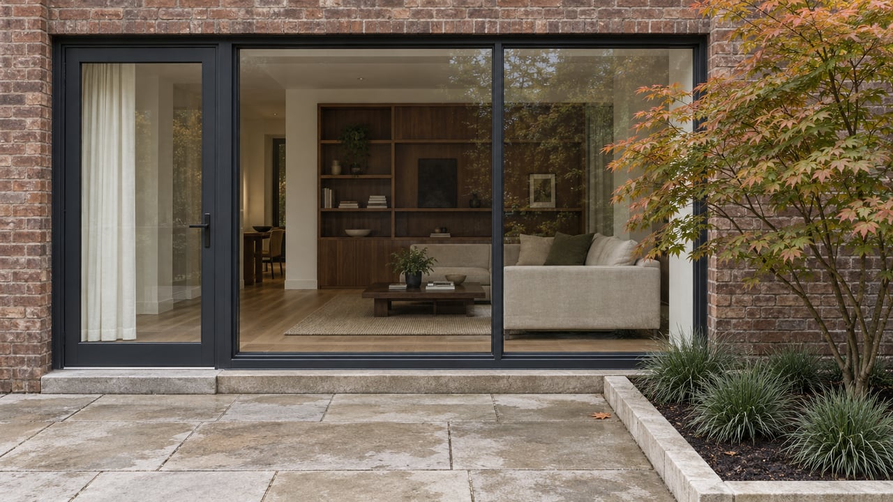 Brick home with broad glass doors, a furnished living room, stone patio, and autumn-colored maple.