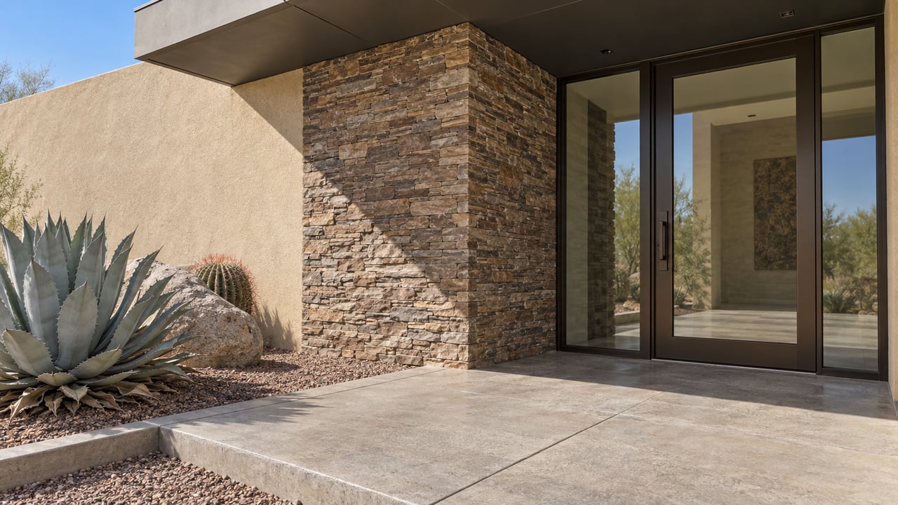 Low close view of a recessed glass entrance with bronze trim, textured stone, warm stucco and a bordered desert garden.