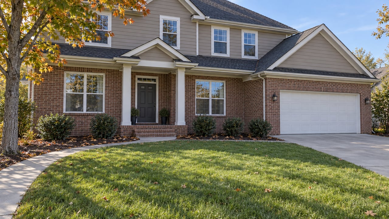 Two-story taupe-sided and brick home with a recessed front porch, white garage door, broad lawn, and an autumn maple.